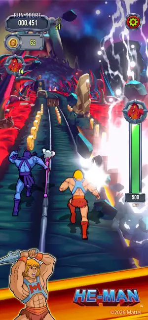 Skeletor running the Snake Mountain rails as He-Man charges — He-Man