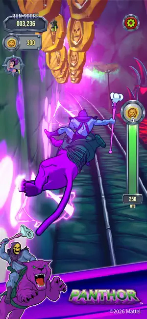Skeletor riding Panthor down a purple track — Panthor