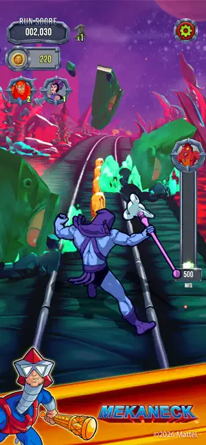 Skeletor dodging past Mekaneck's stretched neck — Mekaneck
