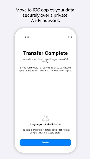 Transfer Complete screen noting that purchased apps and in-app media were not copied, with an offer to recycle the Android phone at an Apple Store
