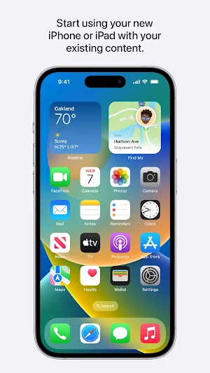 iPhone Home Screen with Weather and Find My widgets above rows of Apple apps, shown as the end point of the move from Android