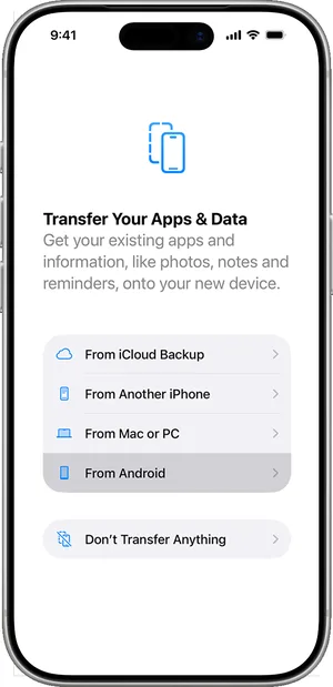 iPhone setup screen Transfer Your Apps & Data with From Android highlighted below iCloud Backup, Another iPhone and Mac or PC options