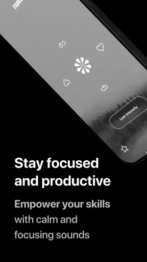 Stay focused and productive screen showing a grey phone player with a flower-shaped logo, heart and loop icons and a Low intensity button