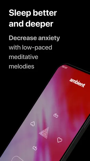 Sleep better and deeper screen with a red and purple phone player on an ambient channel, with heart and loop icons