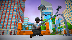 A top-hatted mutant with mechanical arms crouched on a rooftop above the city
