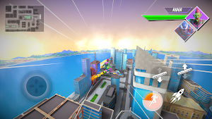 The glider rider soaring over a bay toward glass towers with a minimap