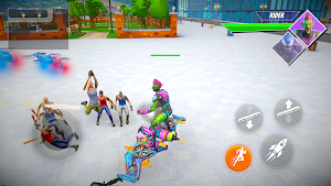 A black symbiote brawler fighting a crowd in a sunlit plaza