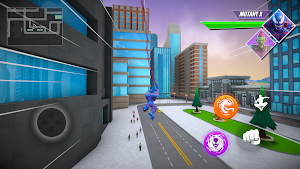 A street view of the city with a blue-suited mutant and ability buttons
