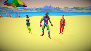 Three villains standing on a beach under a rainbow umbrella