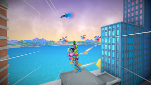 A rooftop view of the mutant gliding between skyscrapers