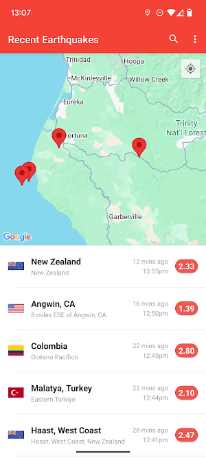 Recent Earthquakes map of the Northern California coast near Eureka and Fortuna with red pins, above a list led by a 2.33 quake in New Zealand