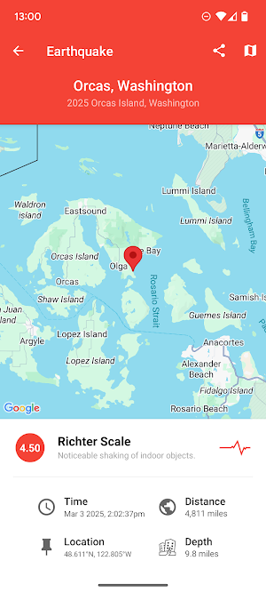 Earthquake detail for Orcas, Washington: a 4.50 Richter Scale quake labelled Noticeable shaking of indoor objects, 9.8 miles deep and 4,811 miles away, on Mar 3 2025