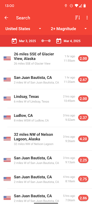 Search screen filtered to United States and 2+ Magnitude for Mar 3 to Mar 4, 2025, listing quakes in Alaska, California and Texas from 2.00 to 4.20
