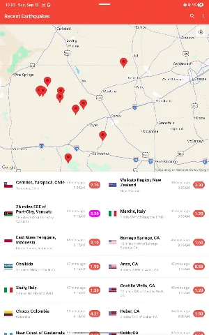 Tablet layout of Recent Earthquakes with a West Texas map near Pecos and a two-column list including a 5.20 quake off Port-Olry, Vanuatu, and 1.20 in Marche, Italy