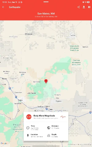 Tablet earthquake detail for San Mateo, New Mexico: a 4.10 Body Wave Magnitude event on Aug 22 2026, 6.2 miles deep and 5,141 miles away, over a map