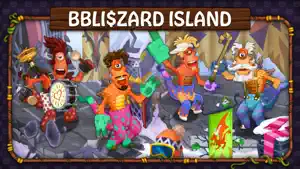 bbli$zard Island banner with four orange one-eyed bb$quad monsters drumming and waving a green foam finger on a snowy stage