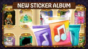 New Sticker Album screen with monster sticker cards in gold frames and three foil Sticker Packs printed with music notes