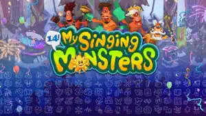 My Singing Monsters 14th anniversary logo with the bbli$zard monsters, balloons, fireworks and a wall of event icons