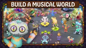 Build a Musical World banner over an island crowded with dozens of monsters, a masked furry monster in the foreground