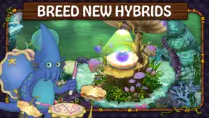 Breed New Hybrids banner with a blue squid-like drummer beside a glowing egg under a lamp in a mushroom-lit stump nest