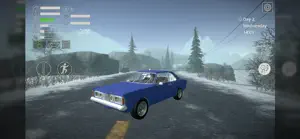 Blue sedan parked on a snow-covered road between pine trees with the survival meters top left