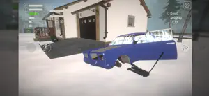 Blue sedan in a snowed-in yard beside a white house with a garage door
