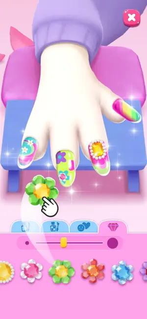 Nail salon with decorated nails and gem stickers