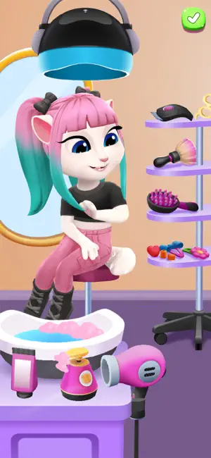 Hair salon with dryer, brushes and dyes on shelves