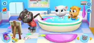 Bathroom scene with one character washing another in a tub