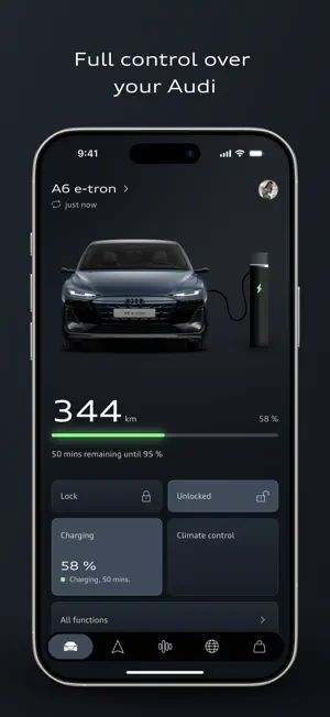 Vehicle tab for an A6 e-tron showing 344 km of range, 58% charge, Lock, Unlocked, Charging and Climate control tiles