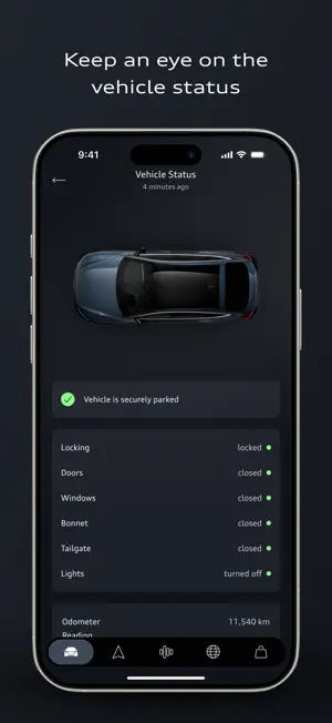 Vehicle Status screen confirming the car is securely parked: locked, doors, windows, bonnet and tailgate closed, lights off