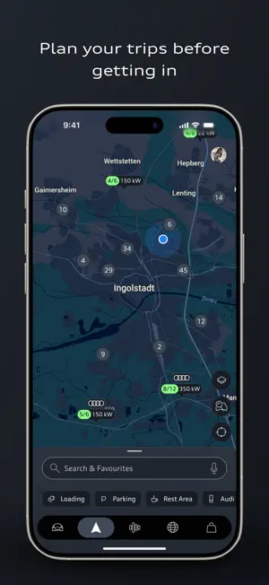 Navigation map around Ingolstadt marking charging stations with 4/6 points at 150 kW and 8/12 at 350 kW, plus Parking and Rest Area filters