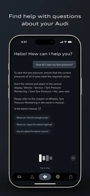 Audi Assistant explaining how to save tyre pressure through the car's Vehicle and Service menus, with a link to the owner's manual