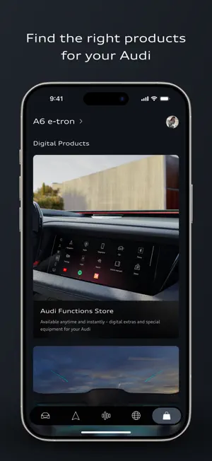Shop tab for an A6 e-tron listing Digital Products, led by the Audi Functions Store for digital extras
