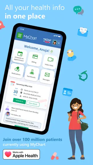 MyChart home screen greeting a patient, with tiles for appointments, billing, video visits, medications, test results and messages and a June 30 office visit with an eCheck-In button