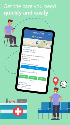 Find Care Now page for an urgent care clinic with a map, a 7-minute current wait and an I'm on my way button