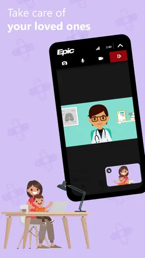 Epic video visit screen with a cartoon doctor in the main window and a parent and child in the self-view corner