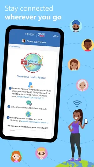 Share Everywhere screen explaining three steps to share a health record using a share code and birthdate at shareeverywhere.com