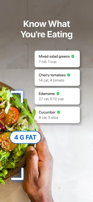 Food list naming salad greens, tomatoes, edamame and cucumber with calories