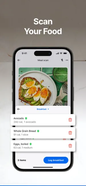 Meal scan of avocado toast listing three foods to log