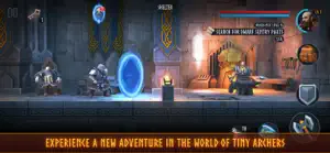 Narin standing before a blue portal in a torch-lit dwarven hall — a new adventure in the world of Tiny Archers