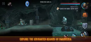 Narin crossing a dark cave with a wooden cart and a quest marker — explore the uncharted regions of Dwarvenia