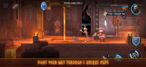 Narin in a lava-lit hall with a hanging chain and glowing floor — fight your way through 5 unique maps