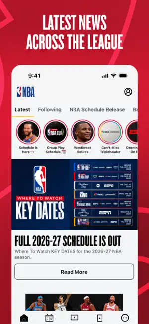 News tab with story carousel and a where-to-watch key dates graphic