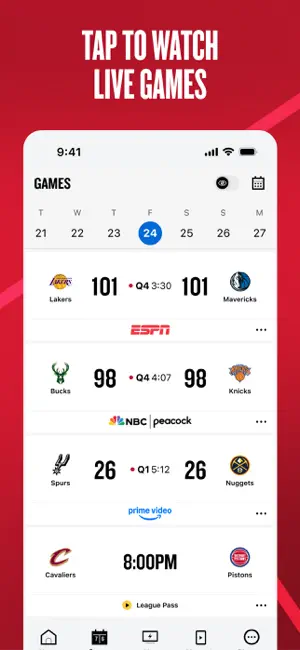 Games tab with live scores and network labels under each fixture