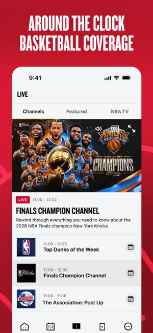 Live channels tab with a Finals champion channel and schedule