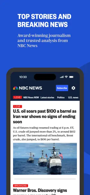 Home feed with LIVE NBC News NOW, Latest stories and Politics tabs, a Subscribe button and a live headline card with a photo of navy ships
