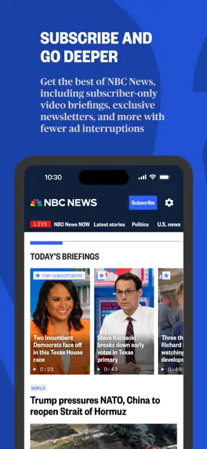 Today's Briefings row of short subscriber-only video clips with running times, above a world news headline in the home feed