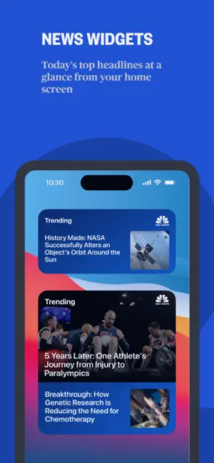 Two Trending home screen widgets with NBC News headlines and thumbnail photos on an iPhone