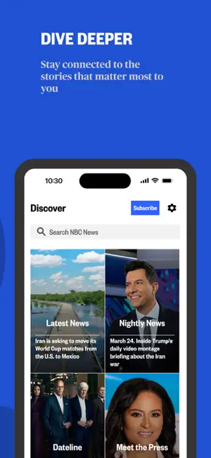 Discover tab with a Search NBC News bar and tiles for Latest News, Nightly News, Dateline and Meet the Press